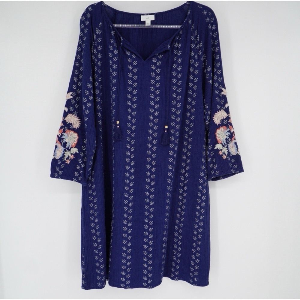 J.Jill Embroidered Tunic Dress Tassel Tie Large Vacation Coastal Beach